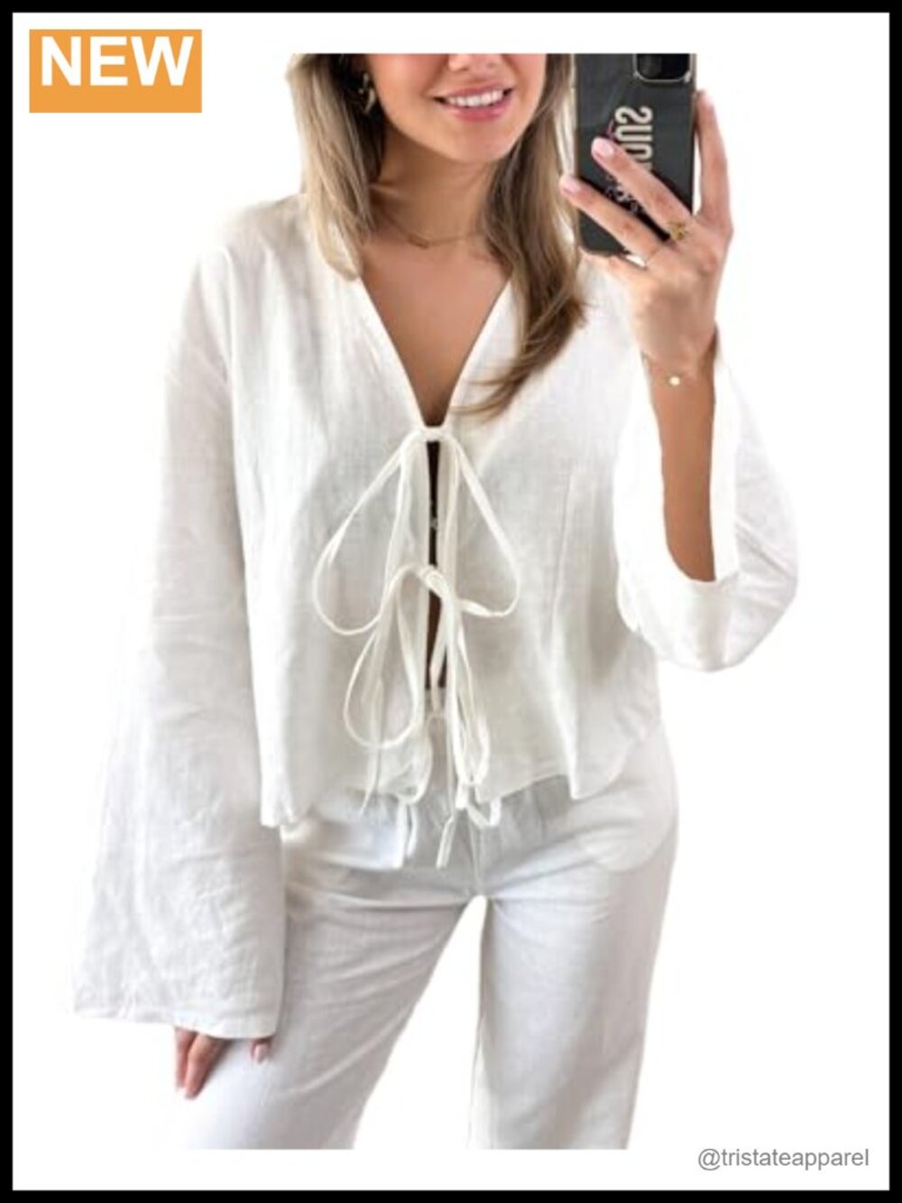 Women's Cotton Linen Lace Up Tie Front Blouse Hollow Out V Neck Flare Sleeve Top